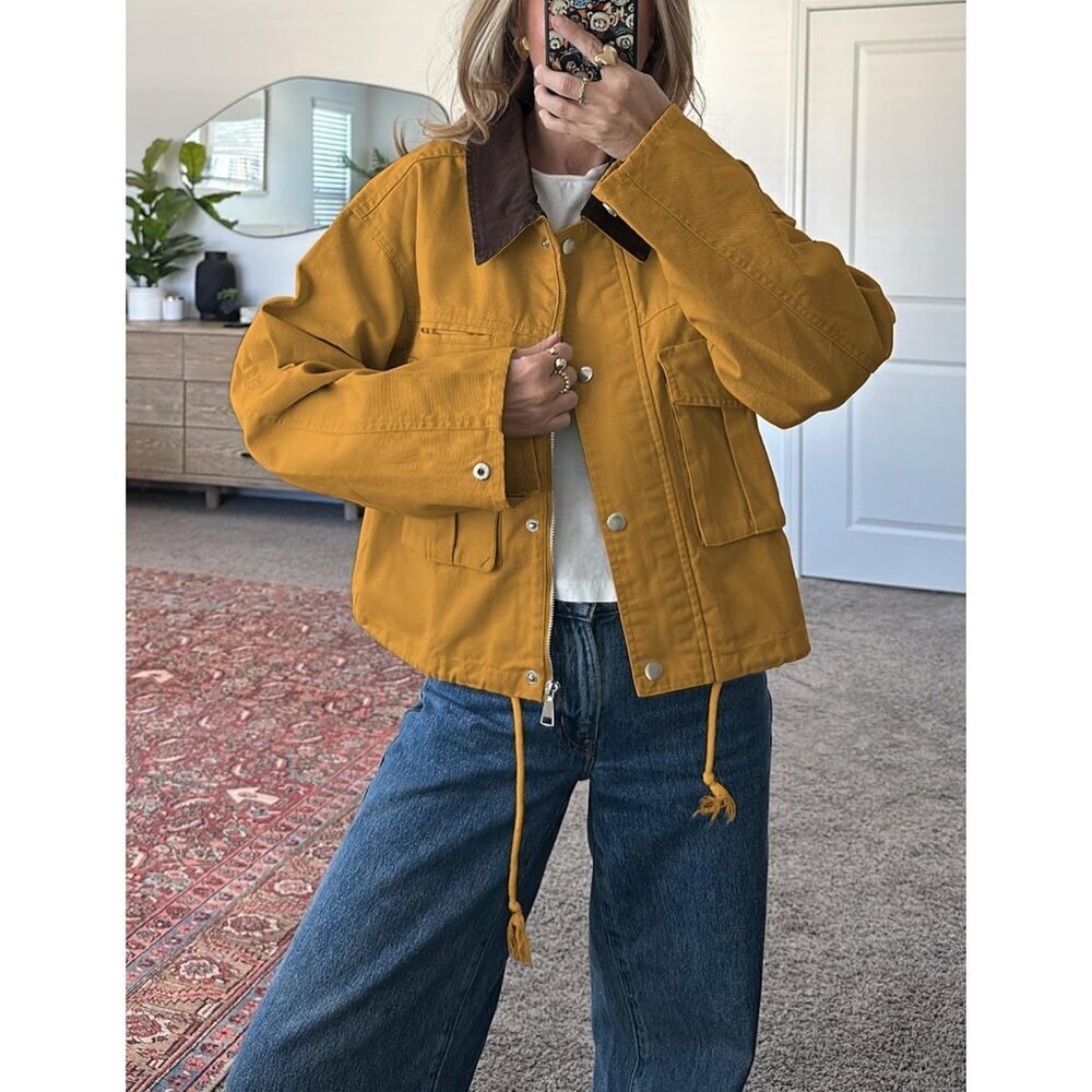 Women's Yellow Cropped Contrast Collar Utility Coat Cargo Jacket Imported - Picture 3 of 6
